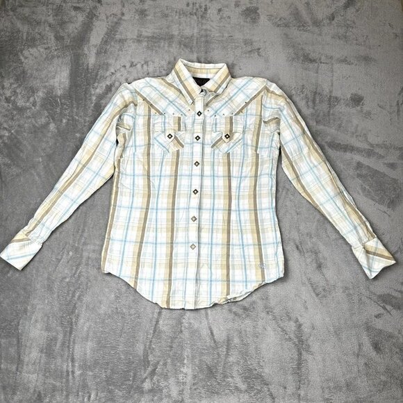 ARIAT Womens SZ Small Fitted Tan Blue Cream Plaid Embroidered Studded Snap Shirt - Picture 1 of 8